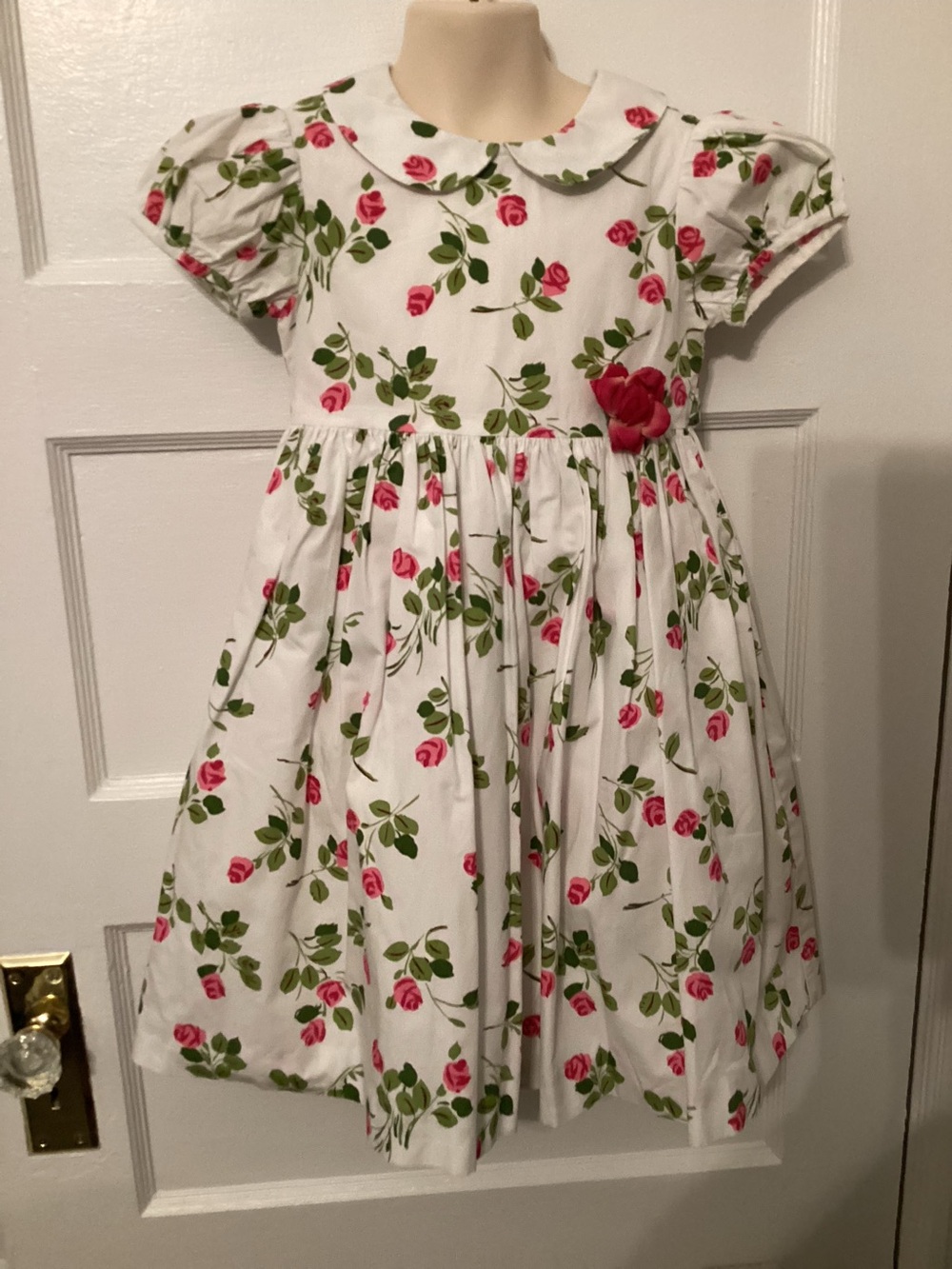 100% Cotton Plum Pudding White Floral Rose Print Girls' Dress with Pink Accents